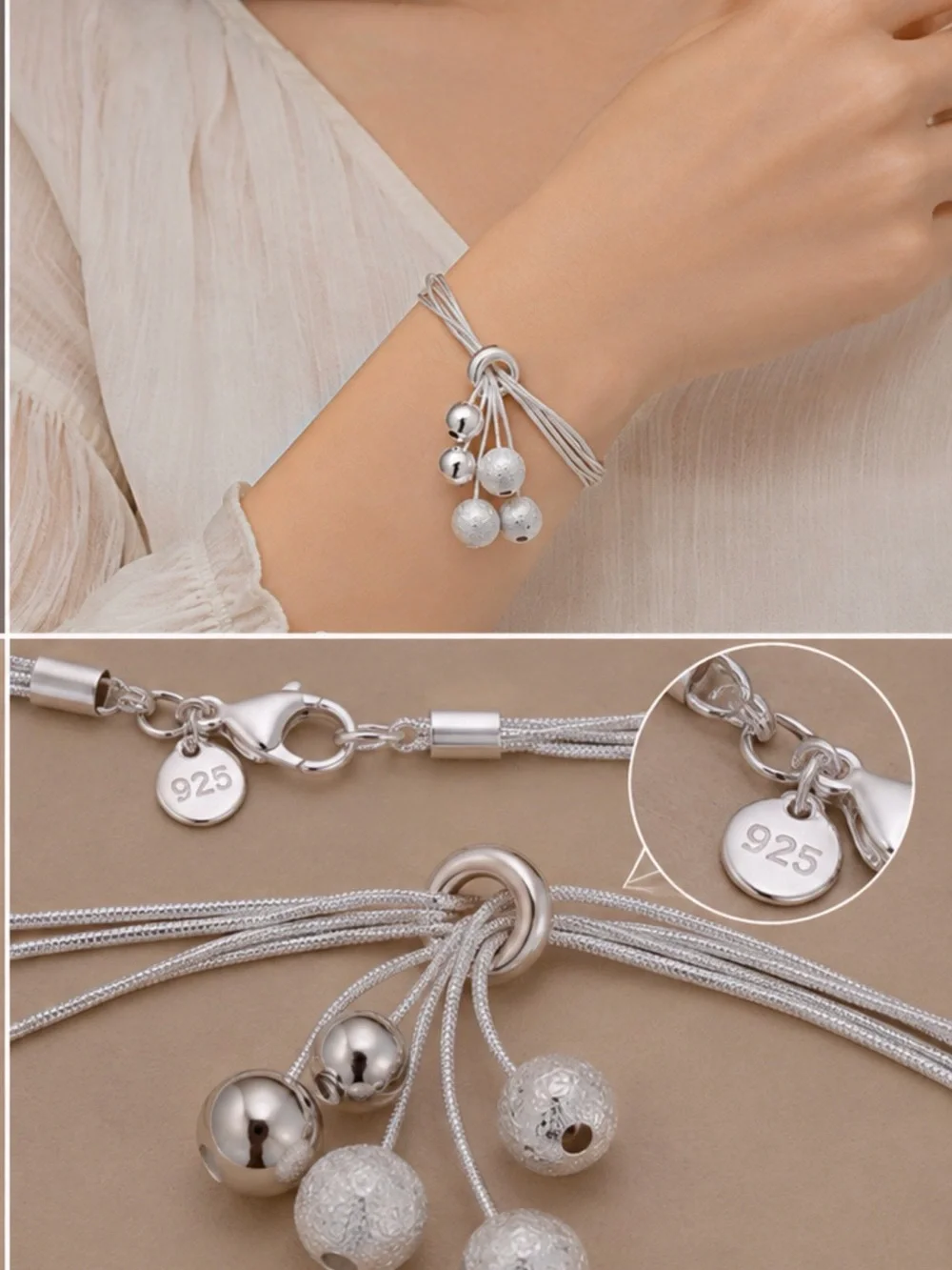 925 Sterling Silver Multi-Strand Tassel Charm Bracelet Elegant Statement Jewelry